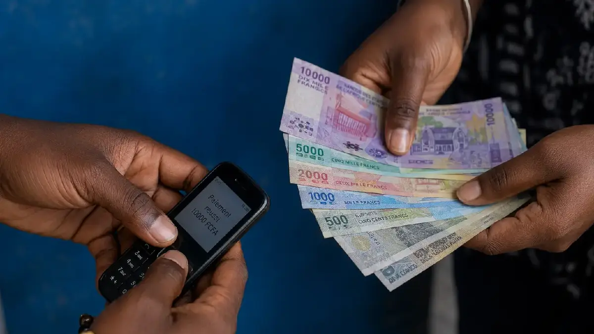 Des mains tendant des billets de francs CFA à côté d’un téléphone affichant « Paiement réussi »